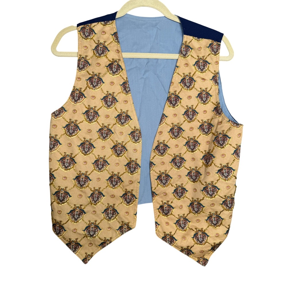 Vintage Beaded Floral Trellis Waistcoat Vest Tan Navy Gold Open Front Women L